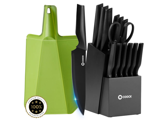 Stijlvolle Messenset met Blok en gratis Snijplank – RVS/Zwart