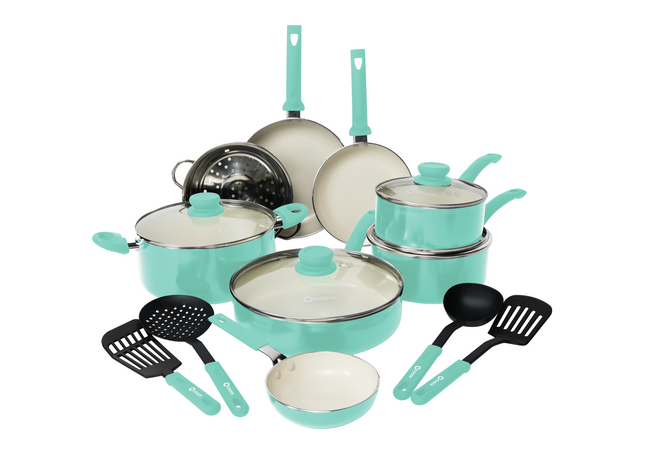 COOCK - 19-Delige Pannenset - Turquoise/Wit