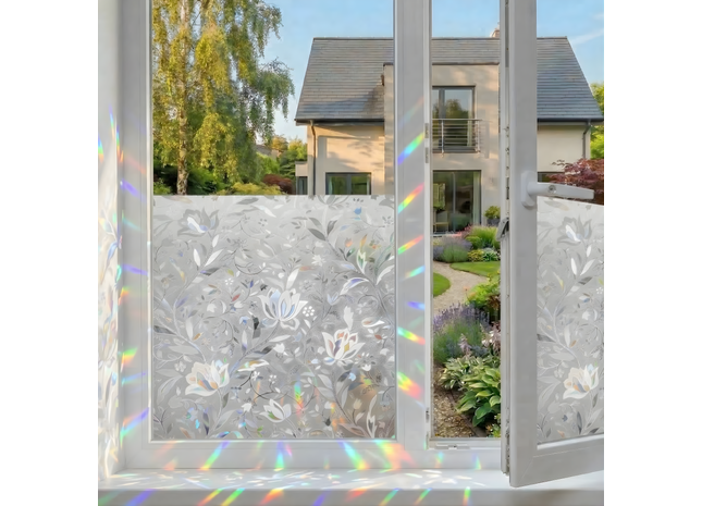 Isolerende & Zonwerende Statische Raamfolie HR++ - Anti Inkijk - Bloemen Regenboogeffect