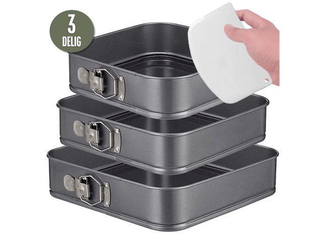 3-Delige Springvorm Set Vierkant met Antiaanbaklaag - 24 tot 28 Cm Diameter -Cakevorm Incl. Deegschraper & E-Book