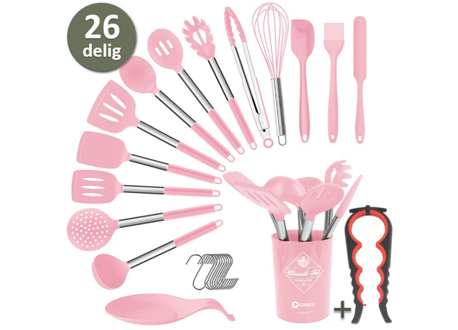 26-Delige XL Keukengerei set met Houder - Roze