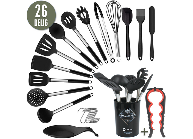 26-Delige XL Keukengerei set met Houder - Zwart