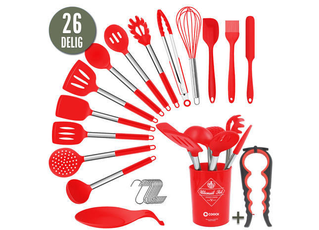 26-Delige XL Keukengerei set met Houder - Rood