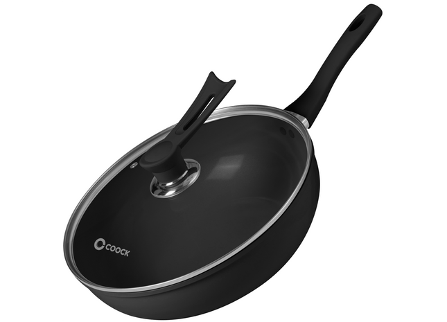 Wokpan Inductie 32cm - Speciale Anti-Aanbak Coating - Roerbakpan met deksel - Gerecycled Aluminium - Zwart