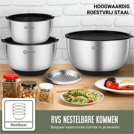 16-delige Mengkommen Set met Rasp en Bewaardeksels - Zwart