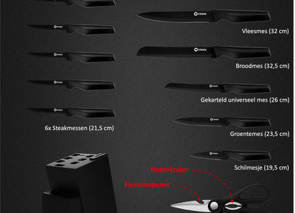Stijlvolle Messenset met Blok en gratis Snijplank – RVS/Zwart