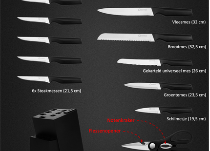 Stijlvolle Messenset met Blok en gratis Snijplank - RVS/Blanc