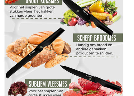Stijlvolle Messenset met Blok en gratis Snijplank – RVS/Zwart