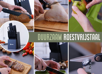 Stijlvolle Messenset met Blok en gratis Snijplank – RVS/Zwart