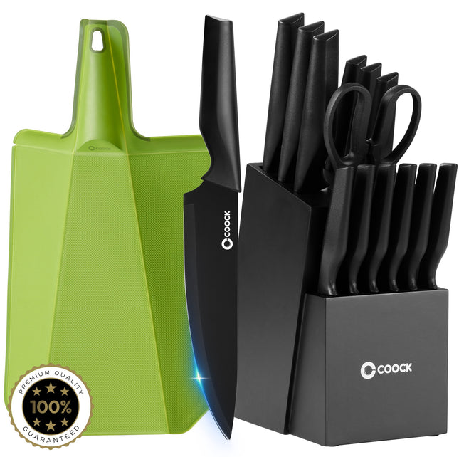 Stijlvolle Messenset met Blok en gratis Snijplank – RVS/Zwart