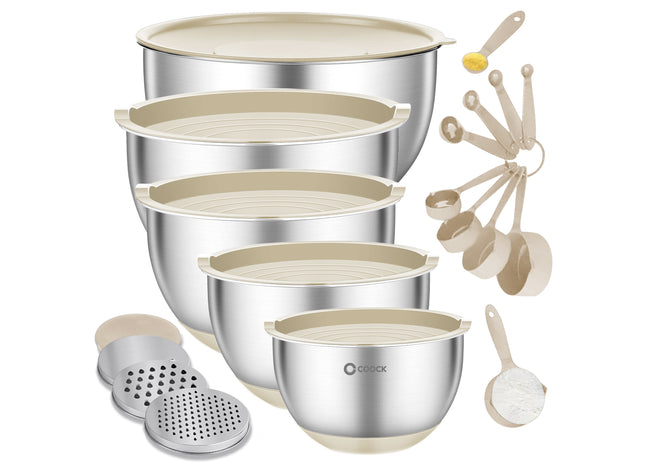 16-delige Mengkommen Set met Rasp en Bewaardeksels - Beige