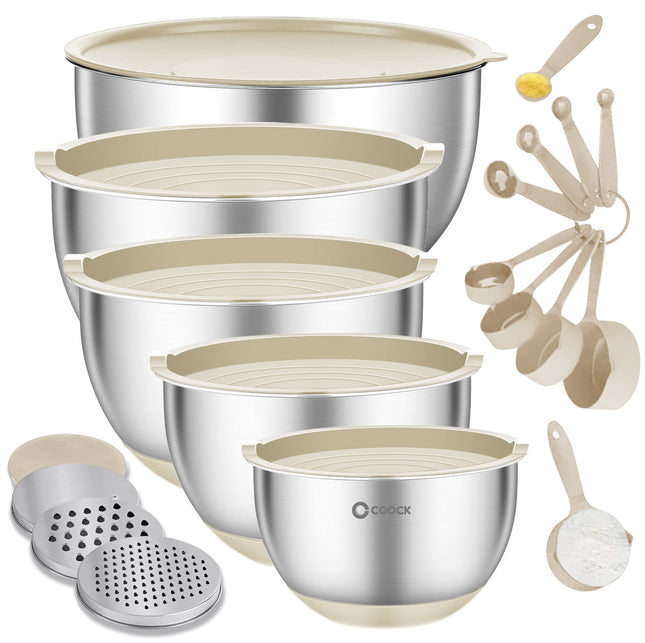 16-delige Mengkommen Set met Rasp en Bewaardeksels - Beige