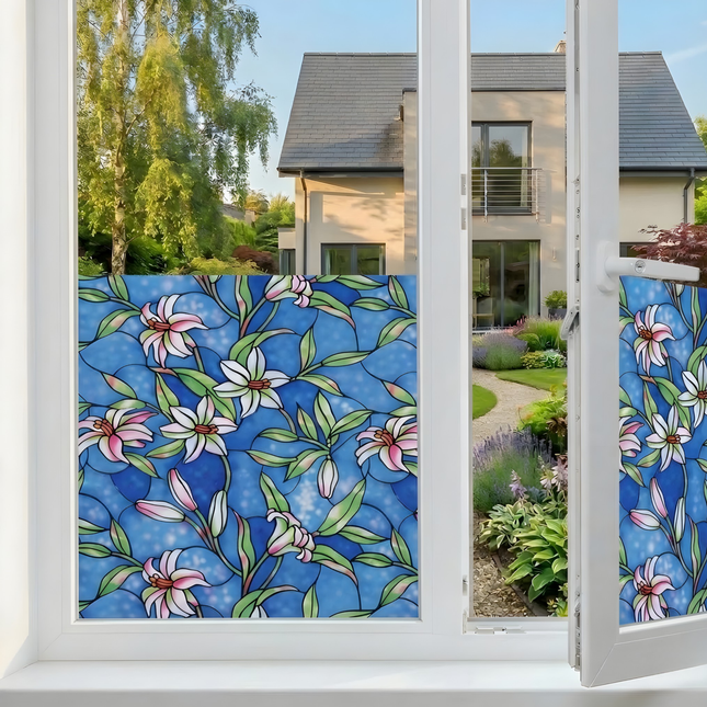 Isolerende & Zonwerende Statische Raamfolie HR++ - Anti inkijk - Glas in Lood Orchidee