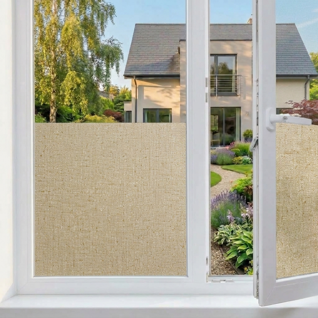 Isolerende & Zonwerende Statische Raamfolie HR++ - Anti Inkijk - Linnenlook - Koffie