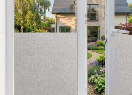 Isolierende und sonnenbeständige statische Fensterfolie HR++ – Blendschutz – Leinenoptik – Grau 
