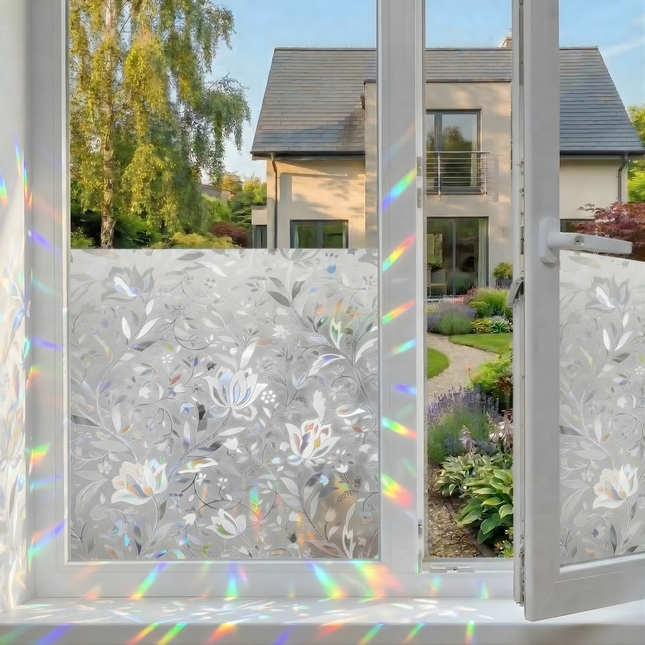 Isolerende & Zonwerende Statische Raamfolie HR++ - Anti Inkijk - Bloemen Regenboogeffect