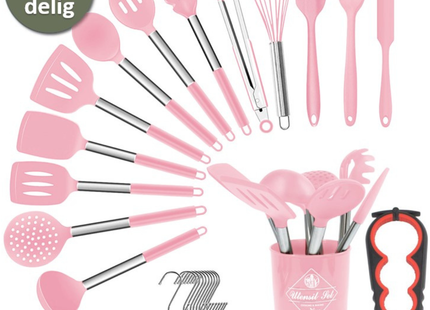 26-Delige XL Keukengerei set met Houder - Roze