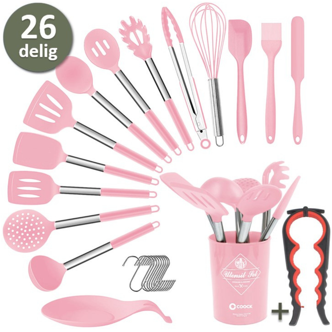 26-Delige XL Keukengerei set met Houder - Roze