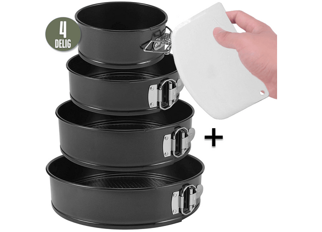 4-Delig Ronde Springvorm Set - Bakblik Rond - Taartvorm - Bakvorm met Anti Aanbaklaag - Maten 12 tot 28cm - Incl Deegschraper