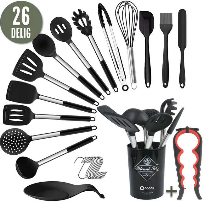 26-Delige XL Keukengerei set met Houder - Zwart
