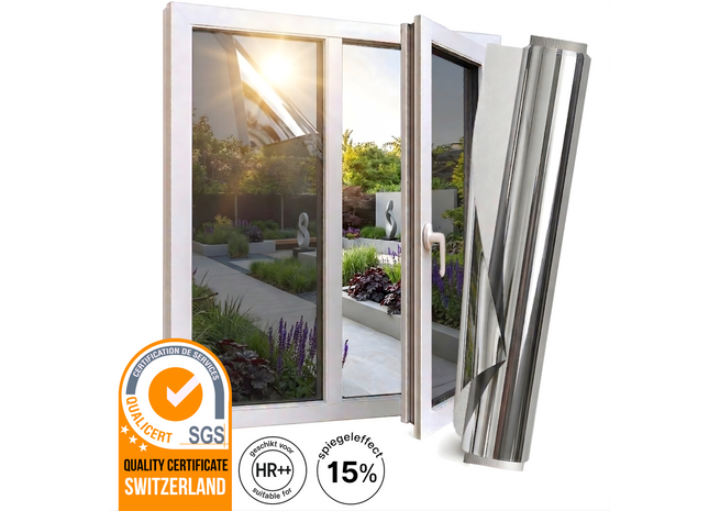Zonwerende & Isolerende HR++(+) Raamfolie met Spiegeleffect 15% - Zilver