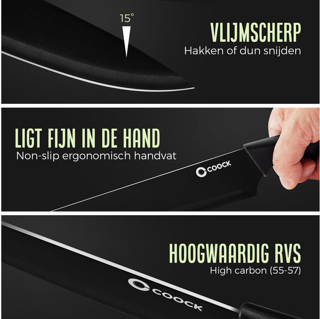 Stijlvolle Messenset met Blok en gratis Snijplank – RVS/Zwart