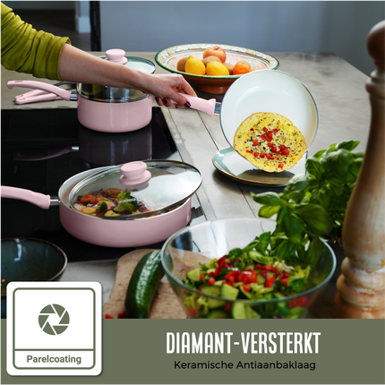 Hapjespan Inductie - 3100ml - Speciale Anti-Aanbak Coating - Ergonomische Koudgrepen - Gerecycled Aluminium - Roze