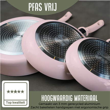 Hapjespan Inductie - 3100ml - Speciale Anti-Aanbak Coating - Ergonomische Koudgrepen - Gerecycled Aluminium - Roze