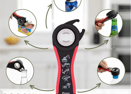 Allesopener - Multifunctionele Opener - 7-in-1 Potopener - Keuken Hulp - Flesopener – XL  Hulpmiddelen voor Ouderen - Zwart/Rood