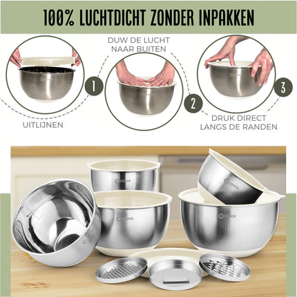 16-delige Mengkommen Set met Rasp en Bewaardeksels - Beige