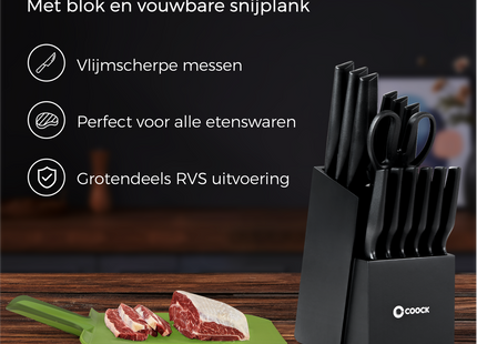 Stijlvolle Messenset met Blok en gratis Snijplank - RVS/Blanc