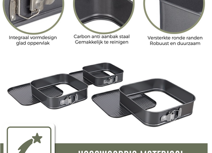 3-Delige Springvorm Set Vierkant met Antiaanbaklaag - 24 tot 28 Cm Diameter -Cakevorm Incl. Deegschraper & E-Book