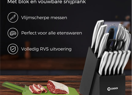 Stijlvolle Messenset met Blok en gratis Snijplank - RVS