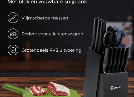 Stijlvolle Messenset met Blok en gratis Snijplank – RVS/Zwart