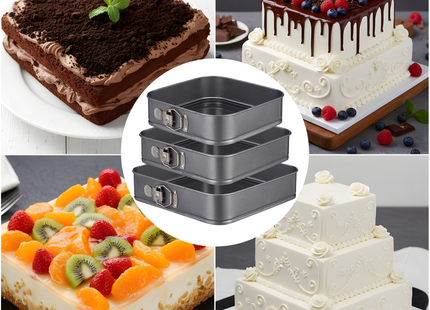 3-Delige Springvorm Set Vierkant met Antiaanbaklaag - 24 tot 28 Cm Diameter -Cakevorm Incl. Deegschraper & E-Book